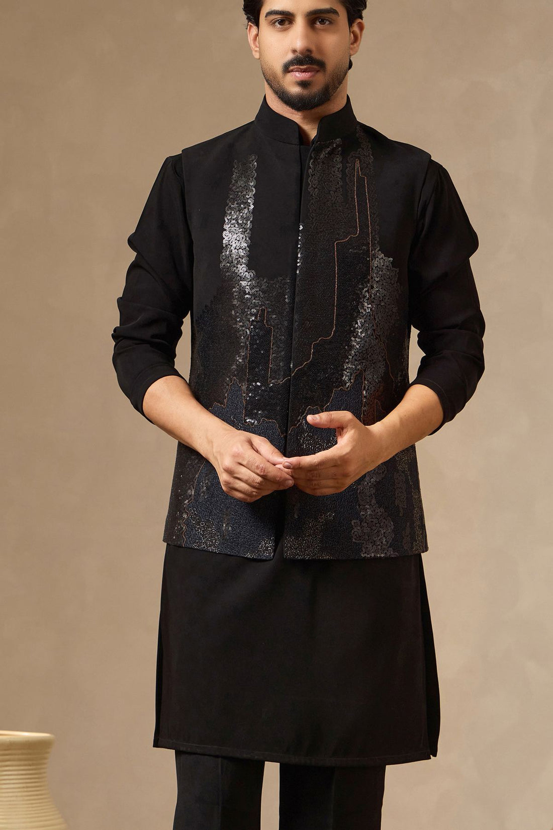 Black Kurta Bundi Set with Sequin Detailing | Laromani
