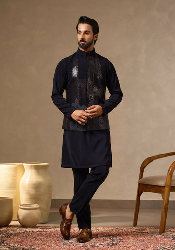 Navy Blue Kurta Bundi Set with Sequin Detailing | Laromani