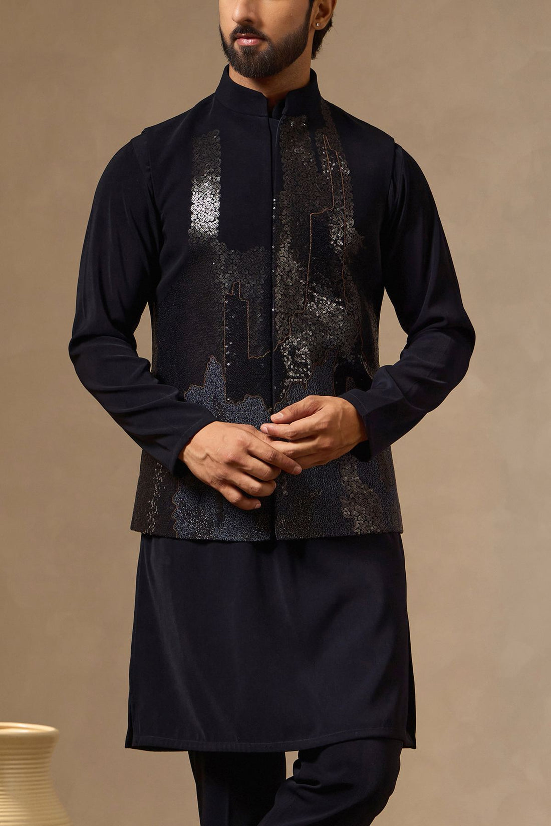 Navy Blue Kurta Bundi Set with Sequin Detailing | Laromani
