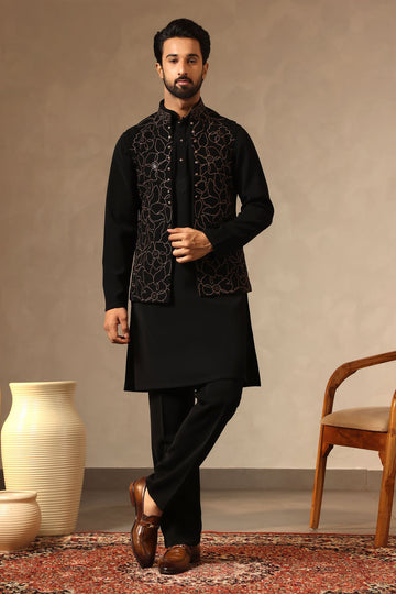 Black Zari Embroidered Koti Kurta Set | Laromani