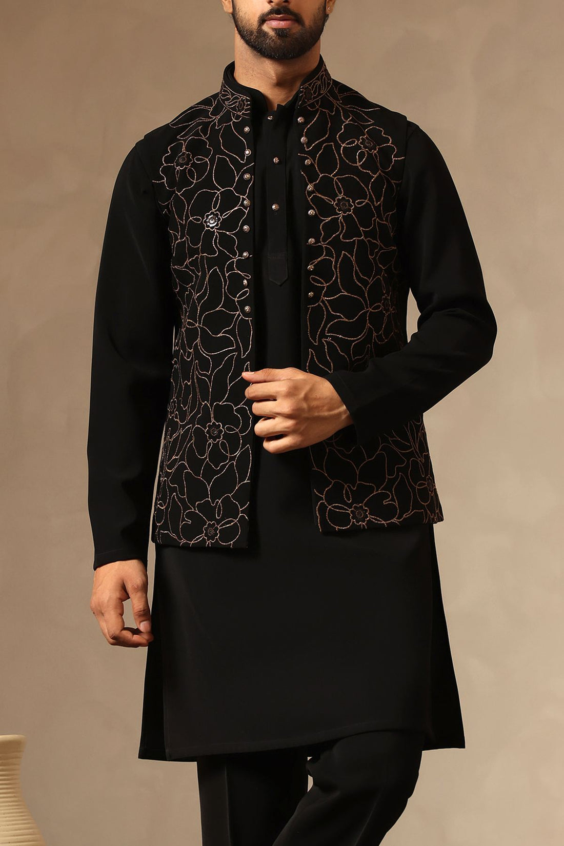 Black Zari Embroidered Koti Kurta Set | Laromani