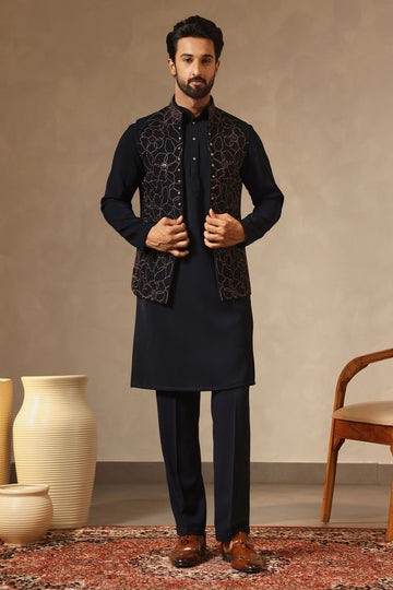 Navy Blue Zari Embroidered Koti Kurta Set | Laromani