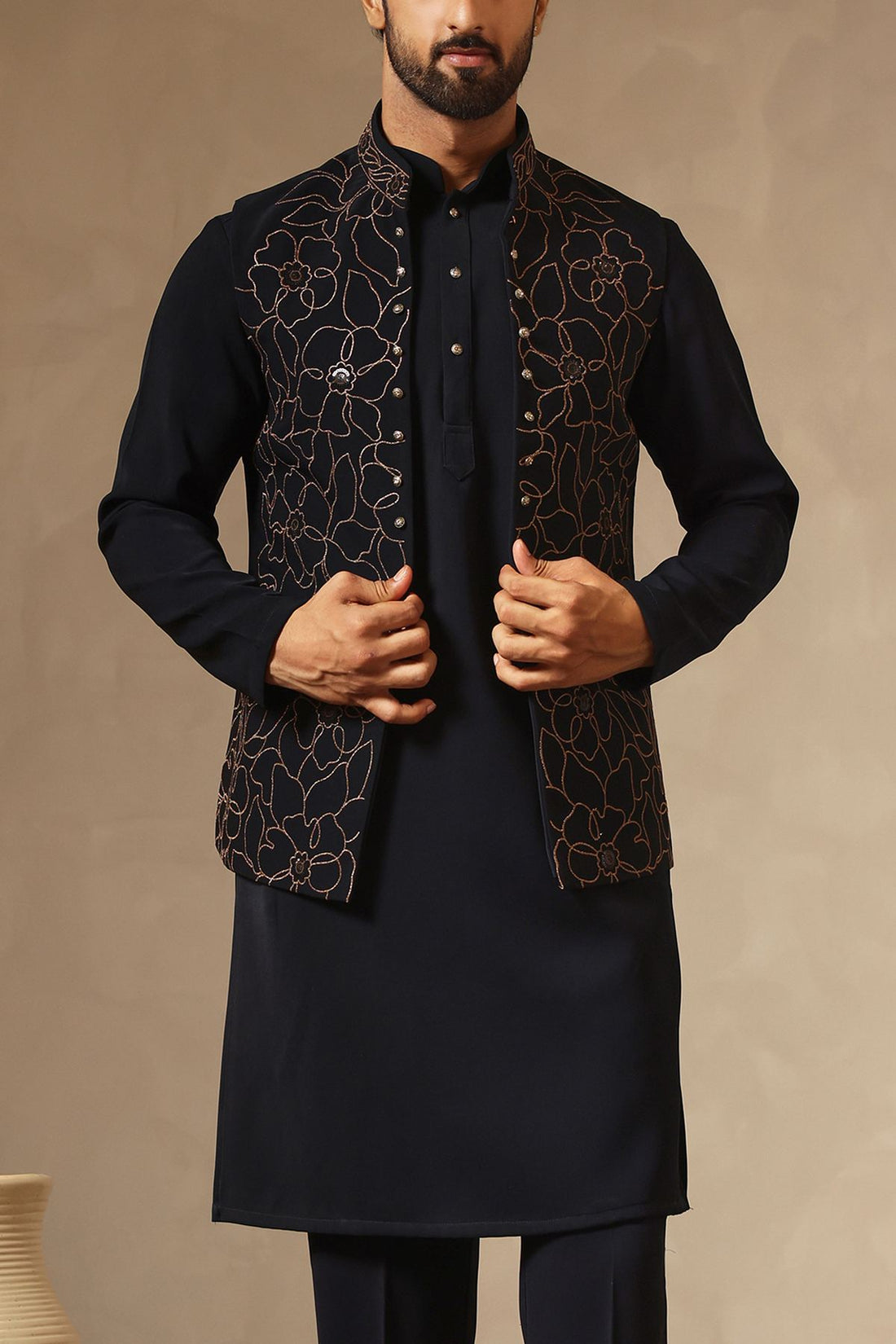 Navy Blue Zari Embroidered Koti Kurta Set | Laromani