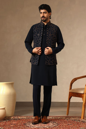 Rama Green Zari Embroidered Koti Kurta Set | Laromani