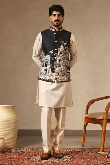 Black Digital Printed Bundi Jacket with Applique & Hand Embroidery | Laromani