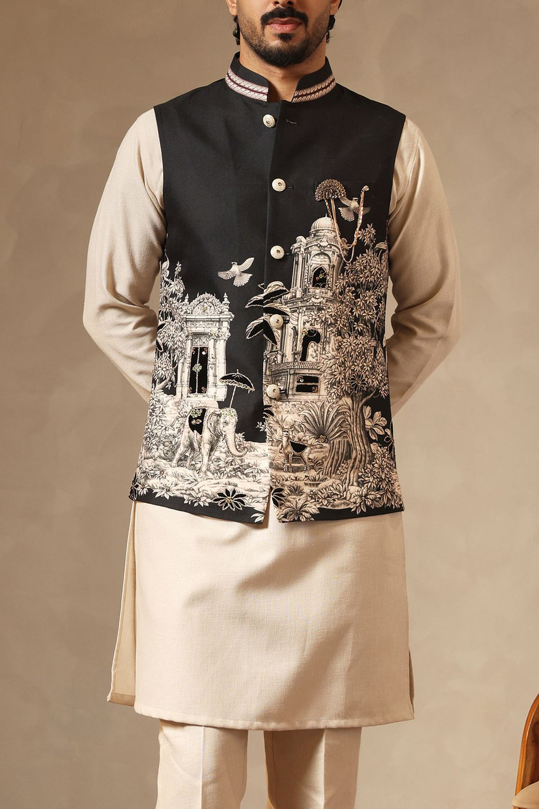 Black Digital Printed Bundi Jacket with Applique & Hand Embroidery | Laromani