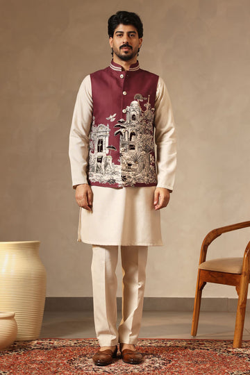 Mehroon Digital Printed Bundi Jacket with Applique & Hand Embroidery | Laromani