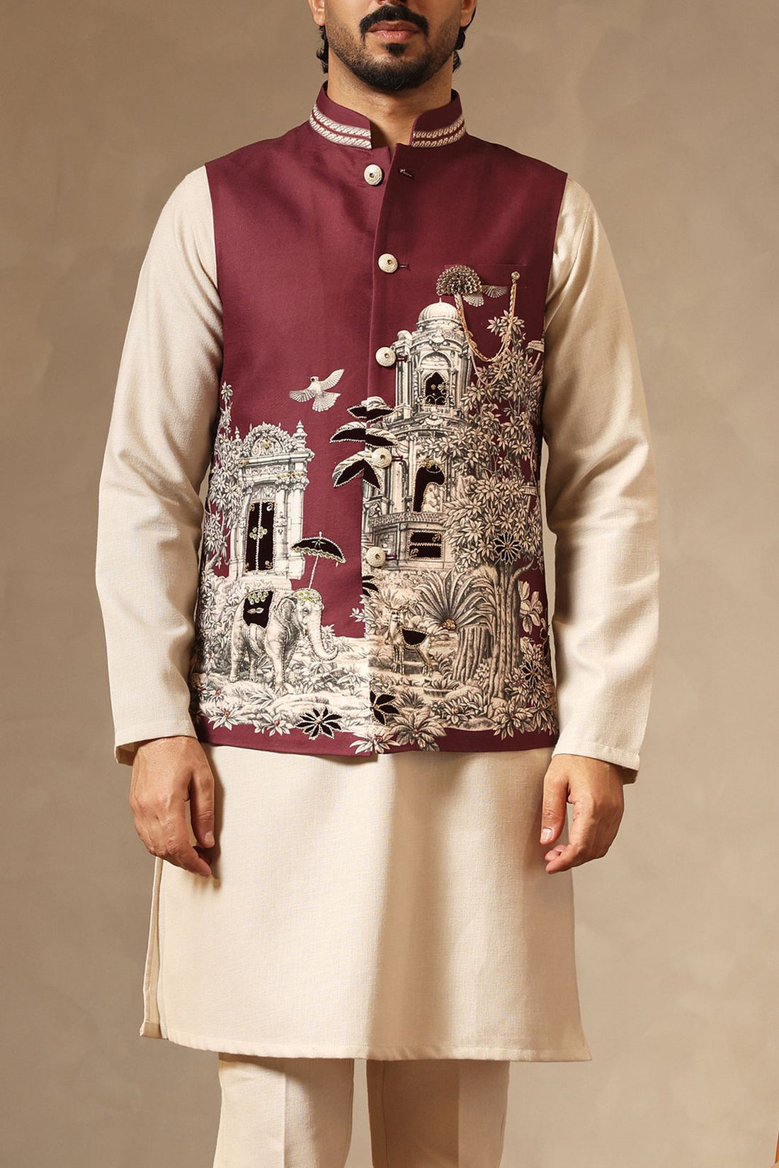 Mehroon Digital Printed Bundi Jacket with Applique & Hand Embroidery | Laromani