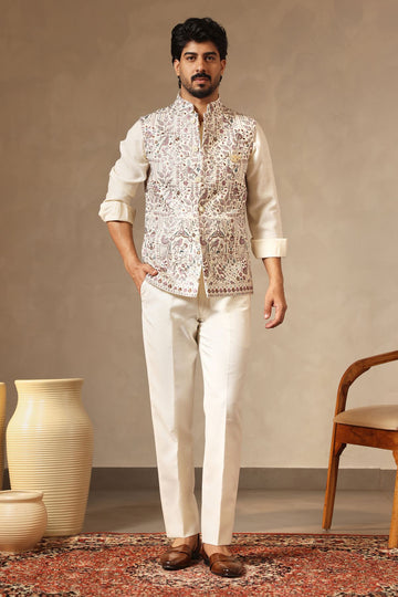 Ivory Linen Shirt, Pants & Embroidered Bundi with Bespoke Brooch | Laromani