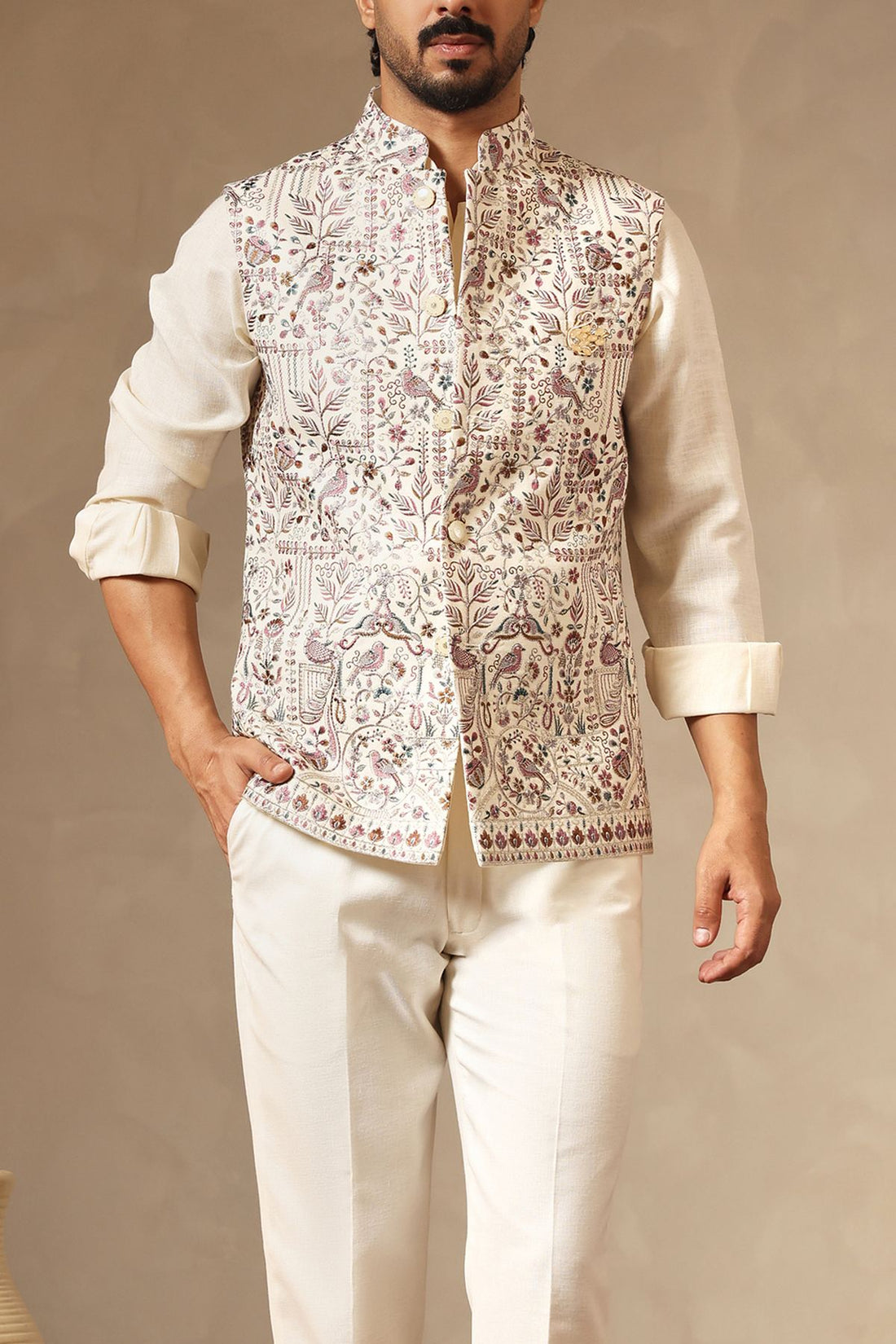 Ivory Linen Shirt, Pants & Embroidered Bundi with Bespoke Brooch | Laromani