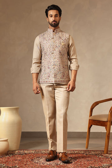 Beige Linen Shirt, Pants & Embroidered Bundi with Bespoke Brooch | Laromani