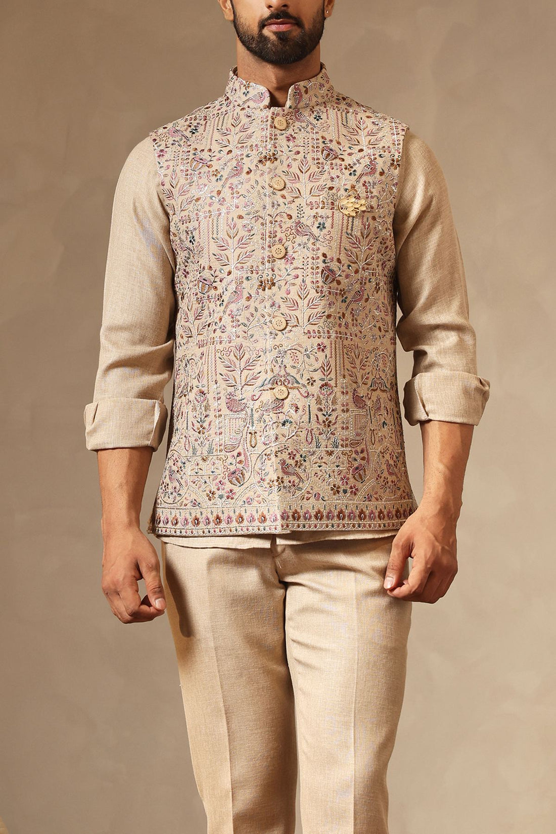 Beige Linen Shirt, Pants & Embroidered Bundi with Bespoke Brooch | Laromani