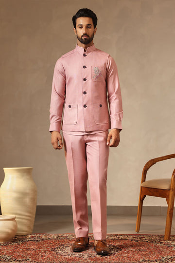 Pink Linen Set with Unicorn Motif Embroidery | Laromani