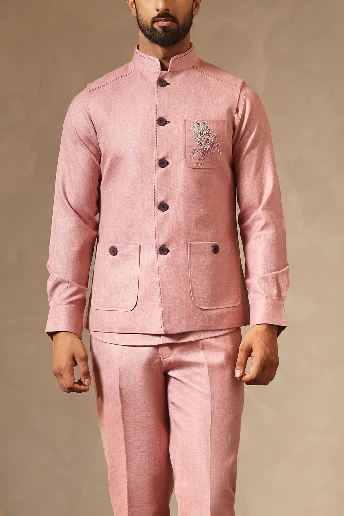 Pink Linen Set with Unicorn Motif Embroidery | Laromani