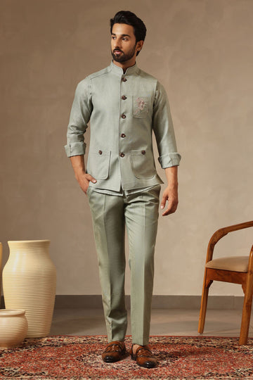 Pista Green Linen Set with Unicorn Motif Embroidery | Laromani