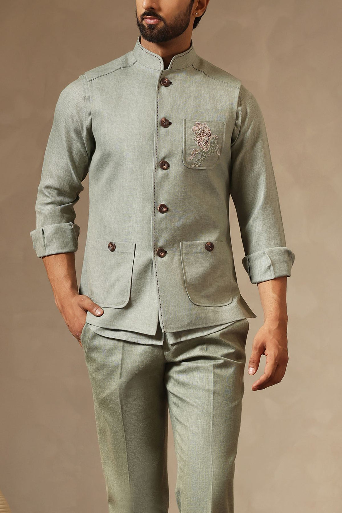 Pista Green Linen Set with Unicorn Motif Embroidery | Laromani