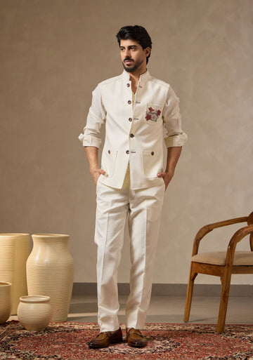 Cream Linen Set with Camera Motif Embroidery | Laromani
