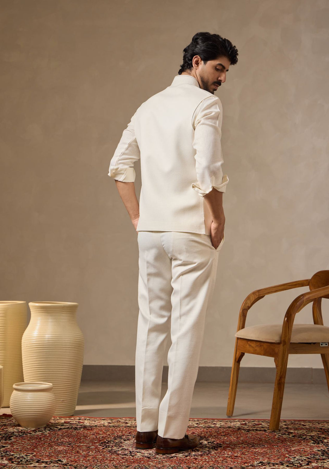 Cream Linen Set with Camera Motif Embroidery | Laromani