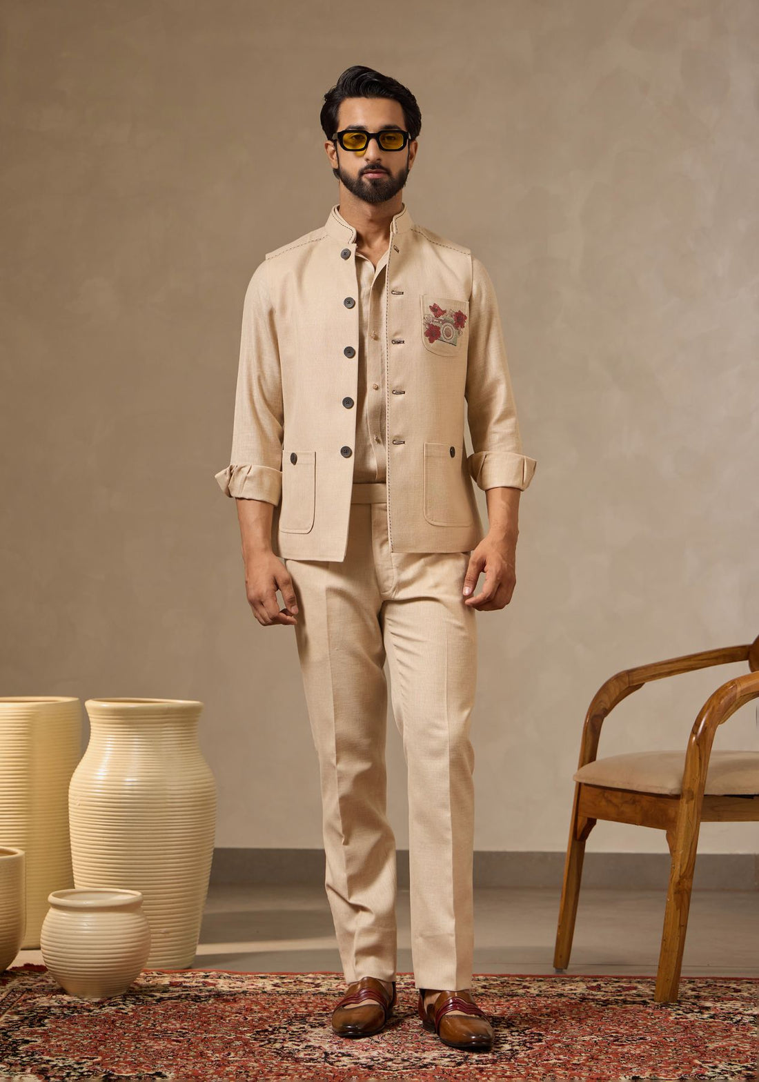 Beige Linen Set with Camera Motif Embroidery | Laromani