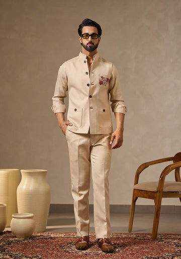 Beige Linen Set with Camera Motif Embroidery | Laromani