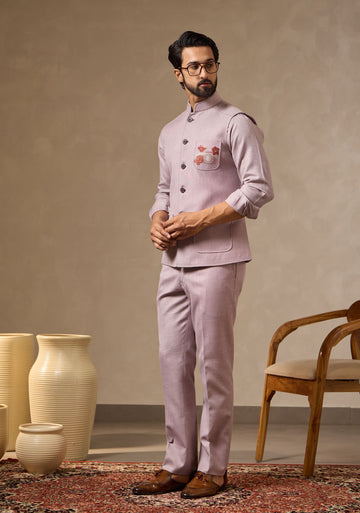 Lavender Linen Set with Camera Motif Embroidery | Laromani