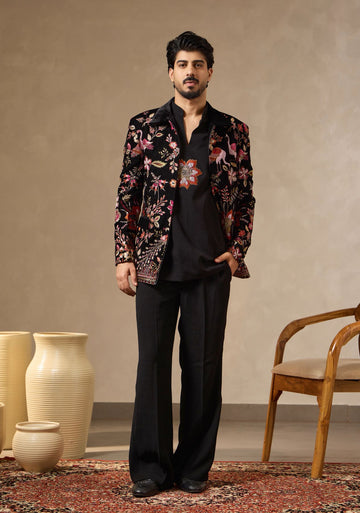 Black Velvet Embroidered Zipper Jacket with Kurti & Bellbottoms | Laromani