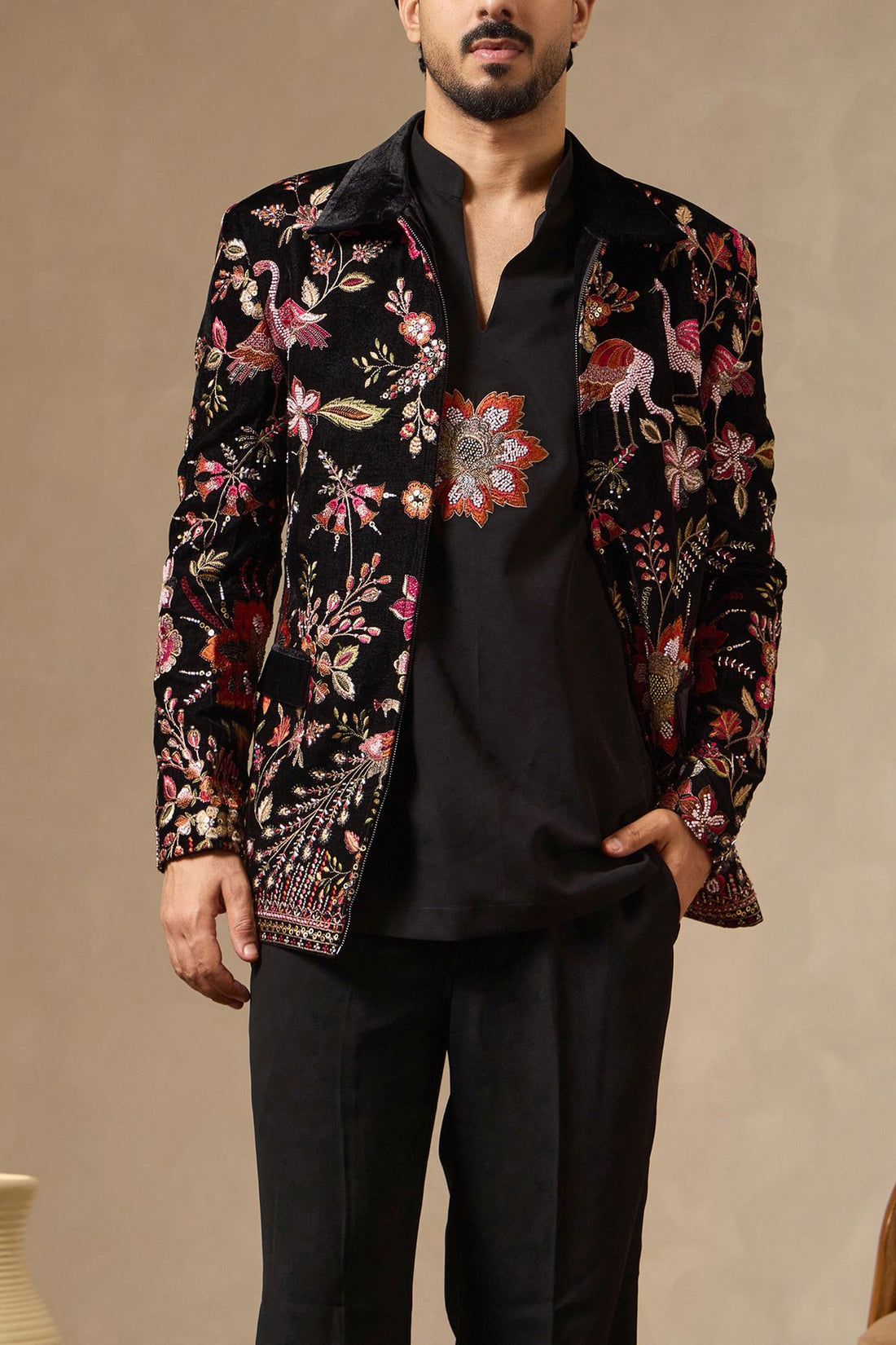 Black Velvet Embroidered Zipper Jacket with Kurti & Bellbottoms | Laromani