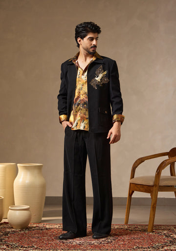 Black Zipper Jacket with Japanese Fabric Shirt & Applique Crane Motif | Laromani