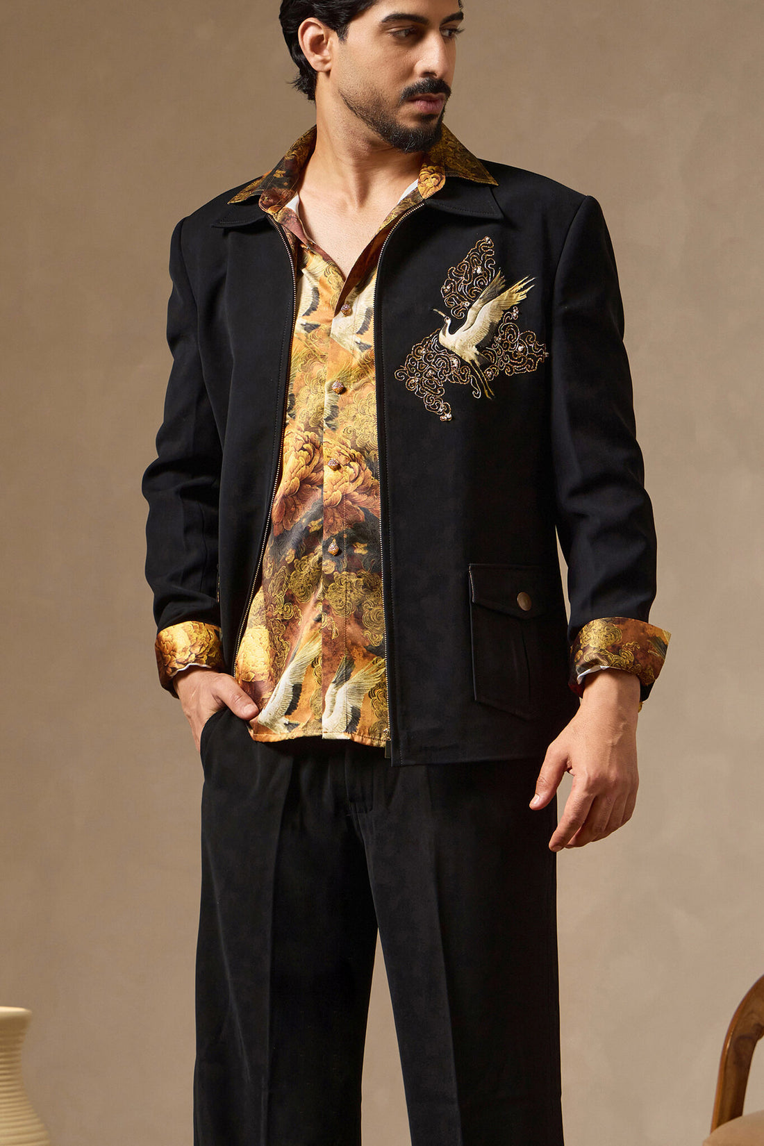 Black Zipper Jacket with Japanese Fabric Shirt & Applique Crane Motif | Laromani