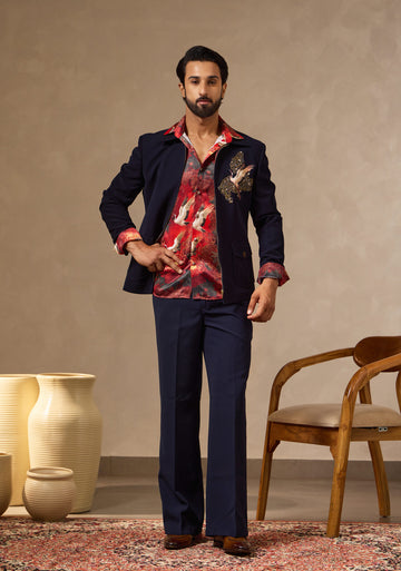 Navy Blue Zipper Jacket with Japanese Fabric Shirt & Applique Crane Motif | Laromani