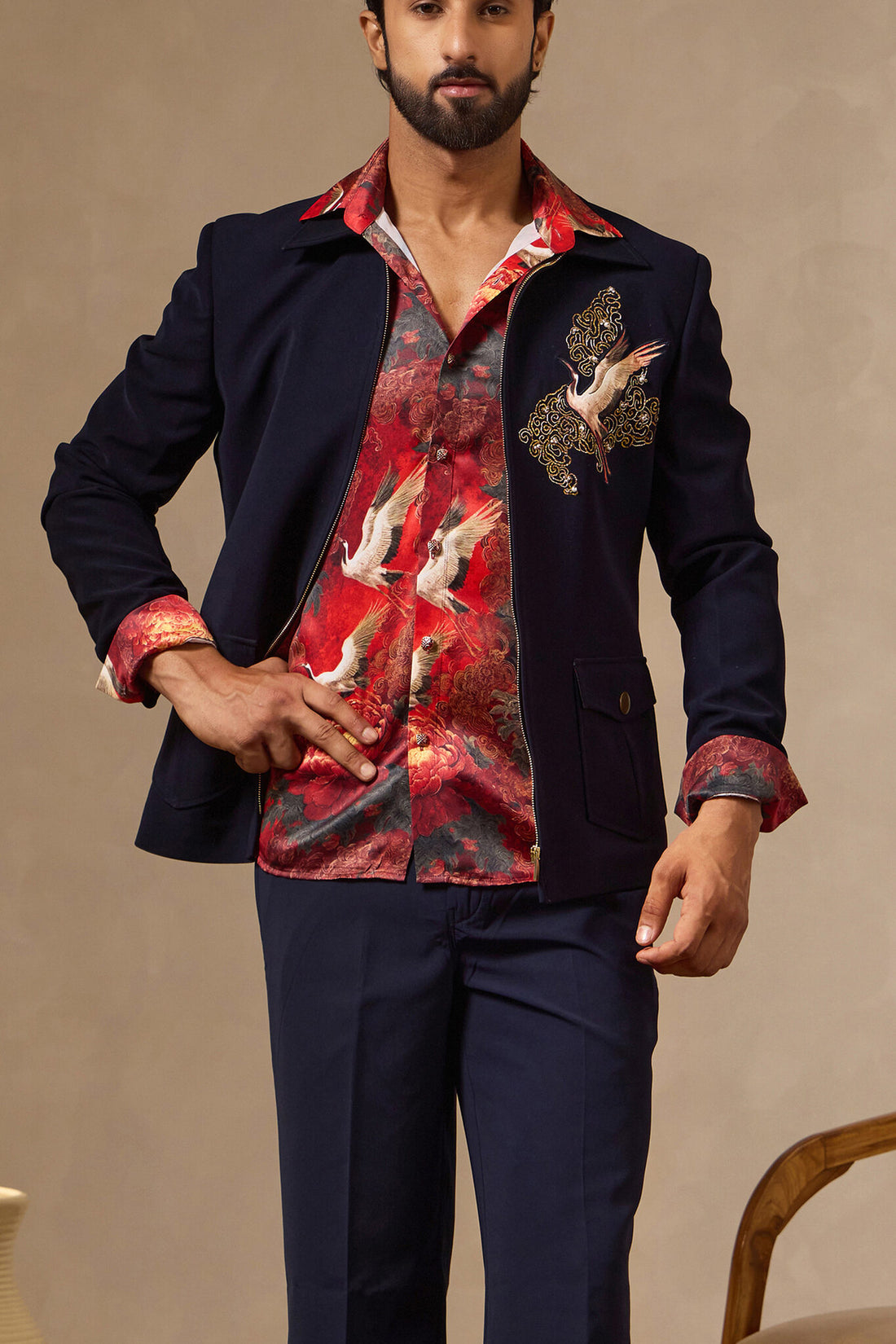 Navy Blue Zipper Jacket with Japanese Fabric Shirt & Applique Crane Motif | Laromani