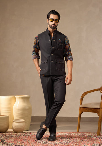 Black Waistcoat Set with Printed Beaded Shirt | Laromani