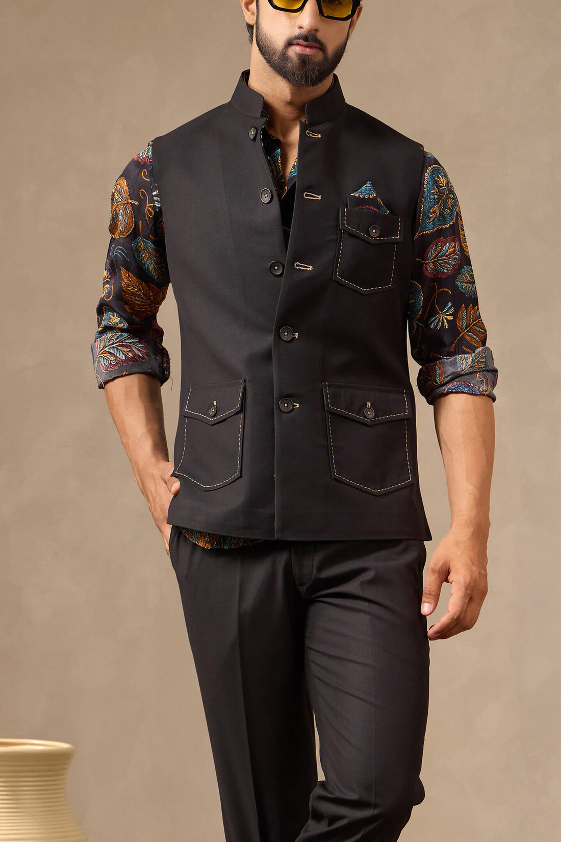 Black Waistcoat Set with Printed Beaded Shirt | Laromani