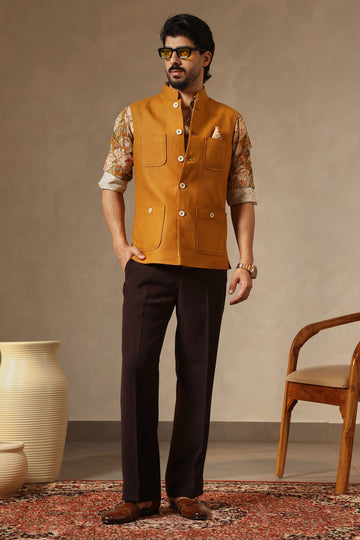 Mustard Waistcoat with Floral Printed Shirt & Brown Bellbottoms | Laromani