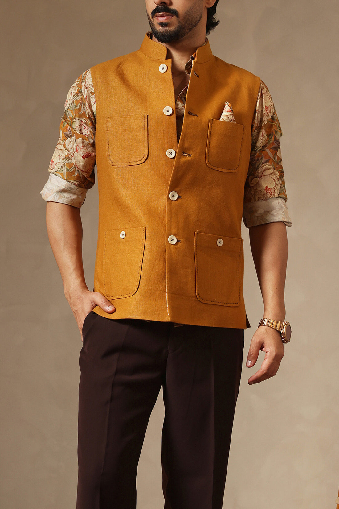 Mustard Waistcoat with Floral Printed Shirt & Brown Bellbottoms | Laromani