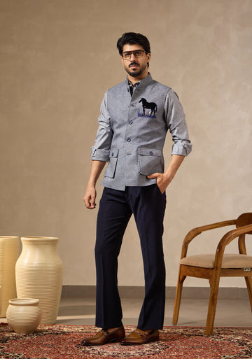 Blue Waistcoat Set with Zebra Motif Embroidery | Laromani