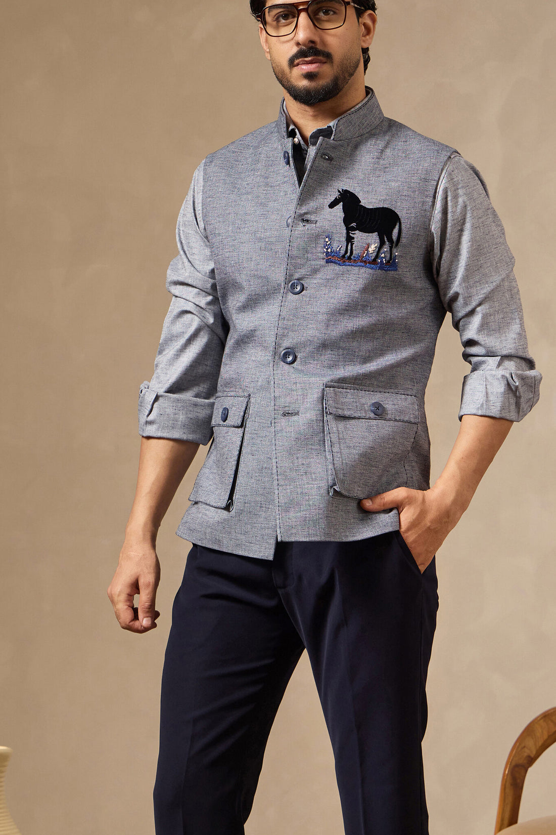 Blue Waistcoat Set with Zebra Motif Embroidery | Laromani