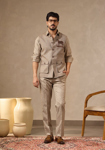 Brown Waistcoat Set with Zebra Motif Embroidery | Laromani