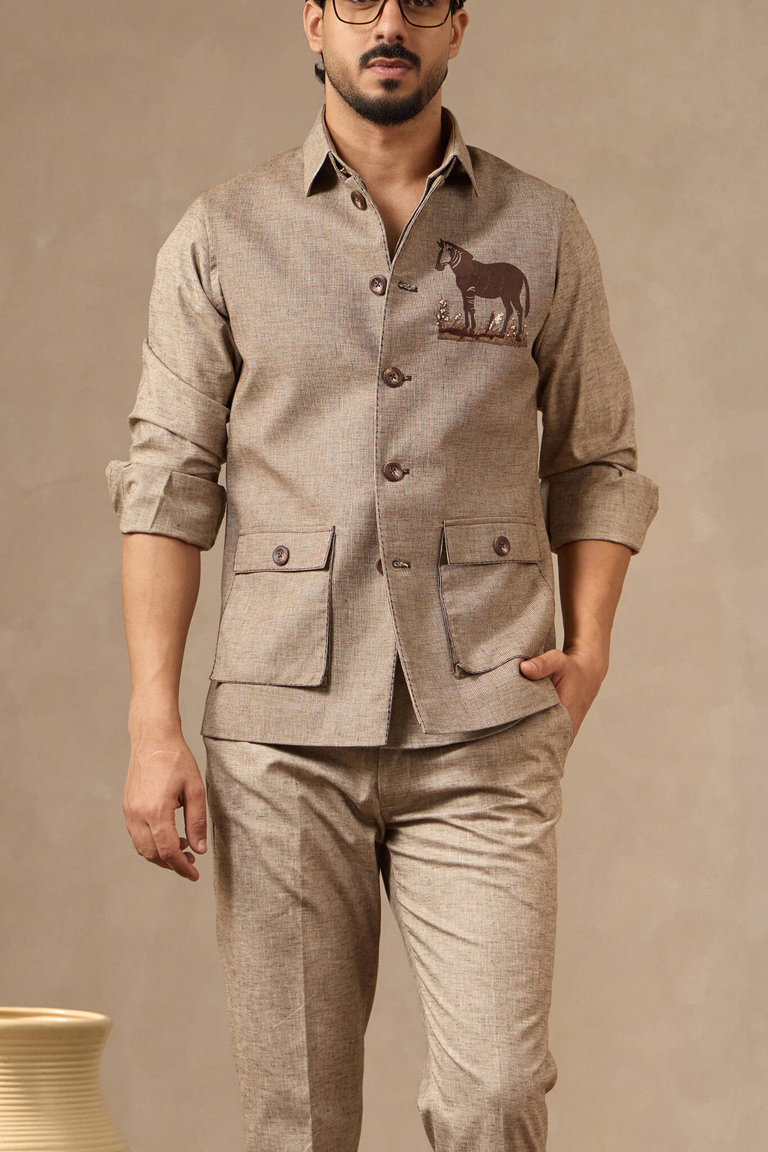 Brown Waistcoat Set with Zebra Motif Embroidery | Laromani