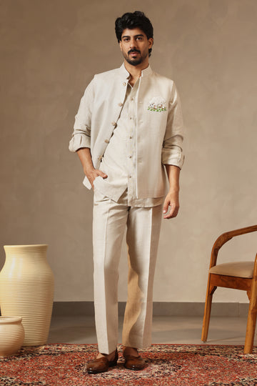 Beige Pure Linen Set with Sheep Motif Embroidery | Laromani