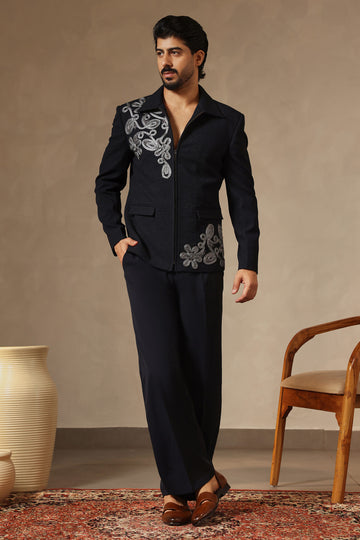 Navy Textured Zipper Jacket with Lace & Cutdana Embroidery | Laromani