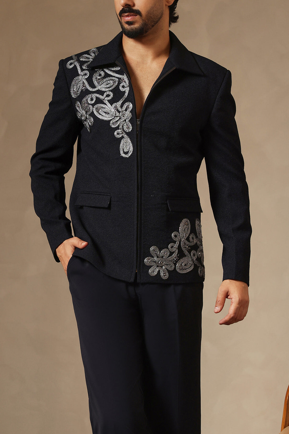 Navy Textured Zipper Jacket with Lace & Cutdana Embroidery | Laromani