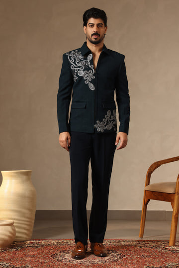 Teal Blue Textured Zipper Jacket with Lace & Cutdana Embroidery | Laromani