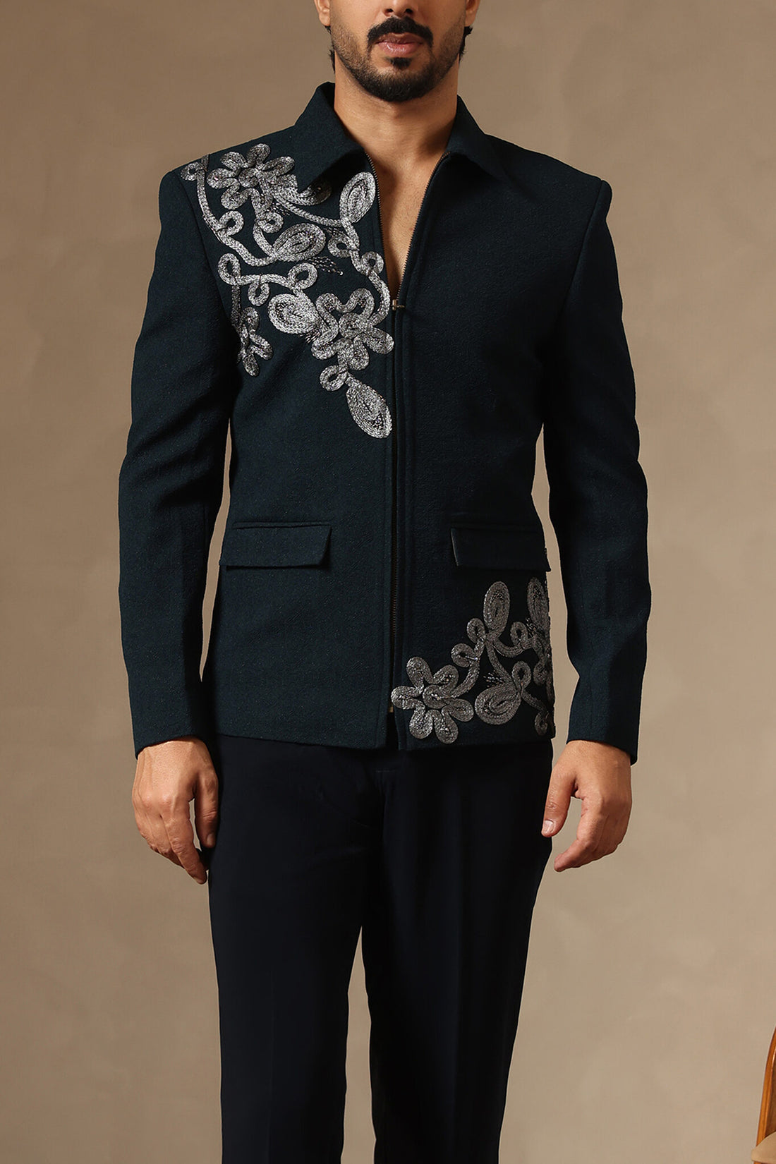 Teal Blue Textured Zipper Jacket with Lace & Cutdana Embroidery | Laromani