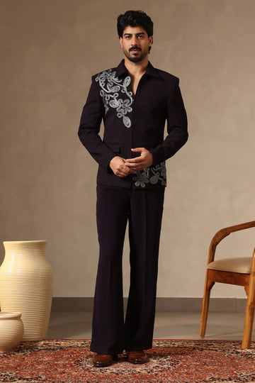 Wine Textured Zipper Jacket with Lace & Cutdana Embroidery | Laromani