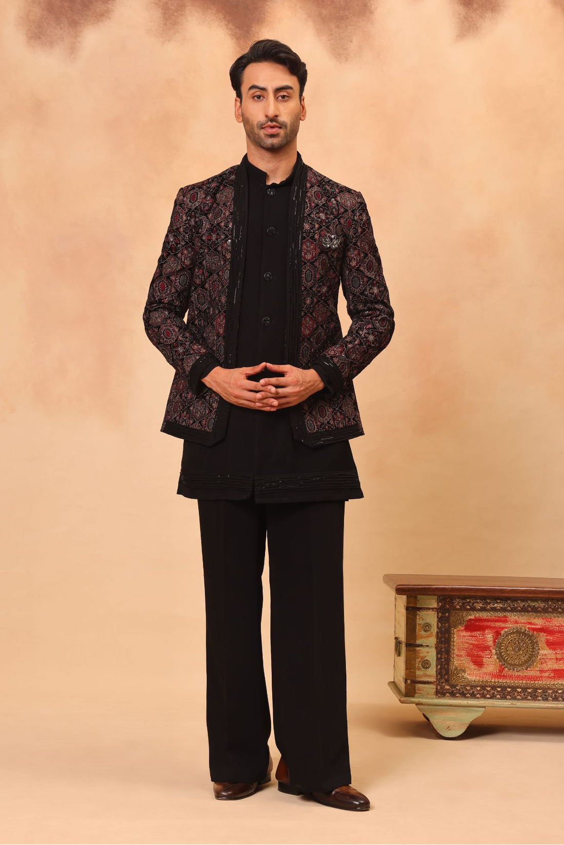 Black Velvet Embroidered Front Open Jacket Set for Men