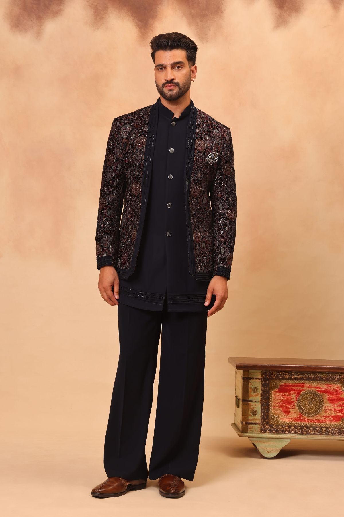 Navy Blue Velvet Embroidered Front Open Jacket Set for Men