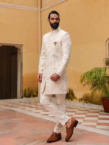 Cream Embroidered Sherwani Set with Kurta