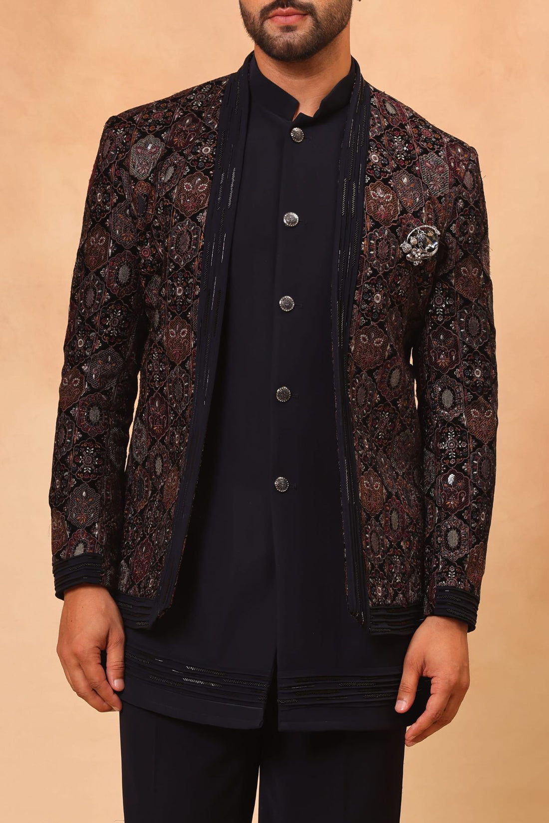 Navy Blue Velvet Embroidered Front Open Jacket Set for Men