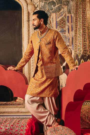 Haldi Satin Silk Embroidered Koti Kurta Set for Men
